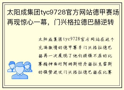 太阳成集团tyc9728官方网站德甲赛场再现惊心一幕，门兴格拉德巴赫逆转战胜阿姆斯特丹赫拉克雷斯