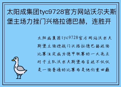 太阳成集团tyc9728官方网站沃尔夫斯堡主场力挫门兴格拉德巴赫，连胜开启神秘逆袭之旅