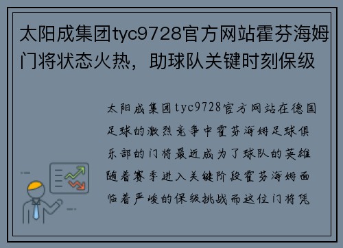 太阳成集团tyc9728官方网站霍芬海姆门将状态火热，助球队关键时刻保级成功 - 副本